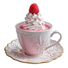 A ceramic cup filled with pink milk drink. On top of a fluffy swirl of whipped cream, on a transparent background. Generative AI