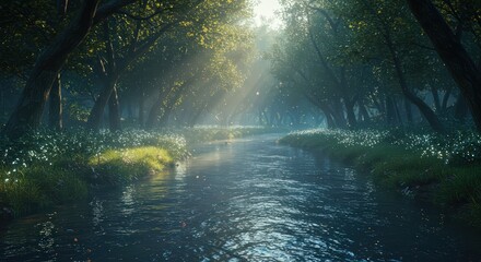 Forest river sunlight scene