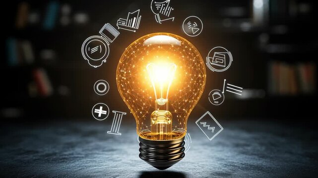 Glowing Lightbulb Symbolizes Innovation and Creativity Surrounded by Digital Icons Representing Technology and Ideas