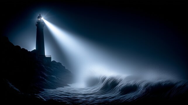 A cinematic and atmospheric long-exposure photograph of a lighthouse on a rugged, rocky coast, with churning waves and a threatening, dark sky.