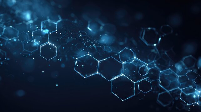 Abstract digital artwork depicting a flowing stream of interconnected glowing blue hexagons on a dark background, with subtle light effects and bokeh