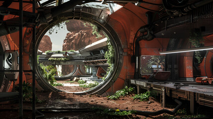 Interior view of a futuristic outpost with a circular window overlooking a desert landscape outside station .