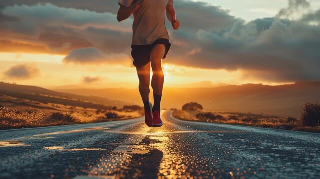 Silhouette of Lone Runner on Wet Road at Sunset, Pushing Through Final Miles with Determination and Energy in Dramatic Landscape