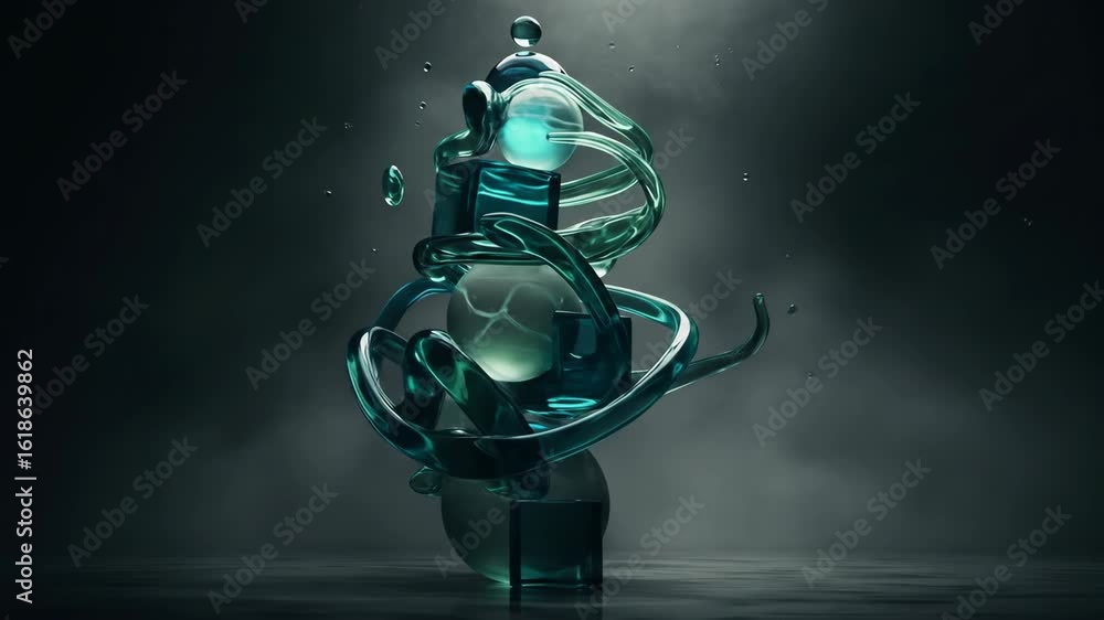 Aufkleber dynamic 3d rendering of a swirling cyan glass sculpture. an abstract, futuristic object with a lumin