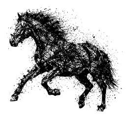 Detailed Horse Running Galloping Stallion Artistic Black and White Drip Splat Abstract Art