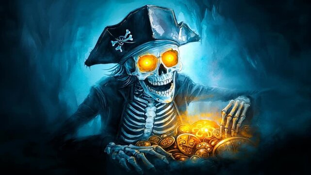 Eerie Cave Adventure Skeleton Pirate with Glowing Eyes Guards Hidden Treasure Chest in Dark, Mysterious Depths