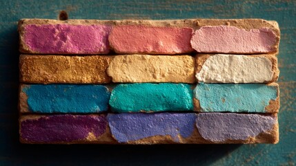 A brick wall with different colored paint on it