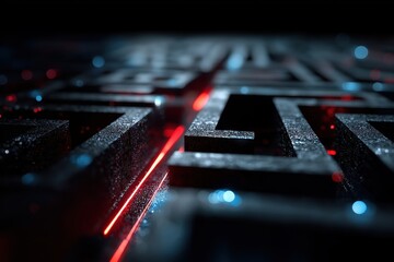 Glowing digital maze with neon paths floating in dark virtual space realm