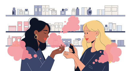 Two women are smelling perfume bottles on a shelf in a beauty store looking for their favorite scents