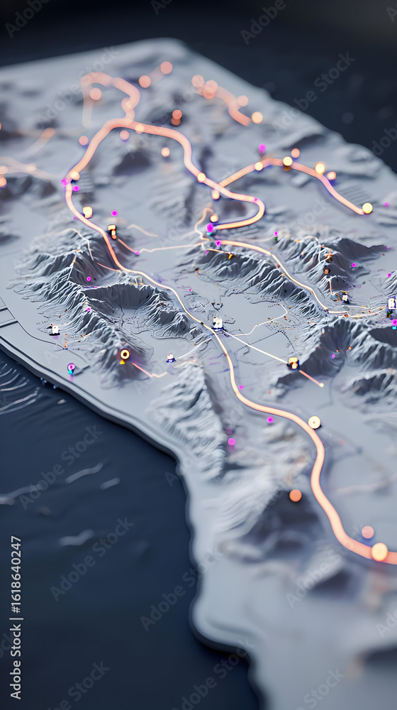 Poster detailed 3d digital map visualization with illuminated routes