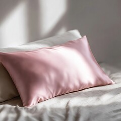 A pink pillow sitting on top of a bed next to a white sheet