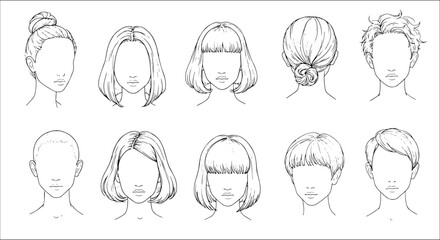 Line art illustrations of various hairstyles: bun, bob, short with bangs, curly, pixie, buzz cut, and more. Ideal for hair design and fashion templates.