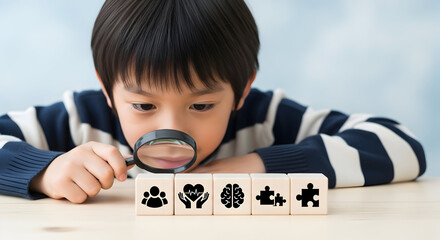 Child exploring wellbeing concepts with magnifying glass and blocks