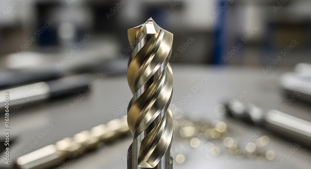 Poster precision engineering a closeup view of asharply pointed drill bit with its intricate spiral grooves