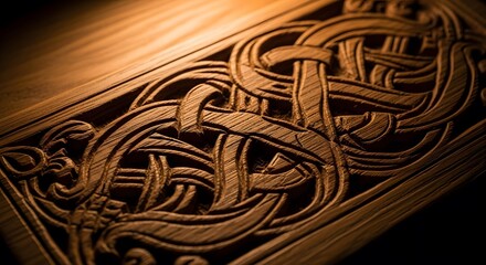 Intricate Celtic knotwork carved into rich, dark wood. The deep relief and warm lighting create a stunning visual texture, showcasing the artistry of the craftsmanship.