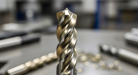 Precision Engineering A Closeup View Of ASharply Pointed Drill Bit With Its Intricate Spiral Grooves And Metallic Luster Against ABlurred Background Of Workshop Tools