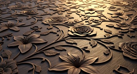 Elegantly carved roses and lilies bloom on rich, dark wood, creating a stunning floral tapestry. The intricate details and warm lighting enhance the artistry of this exquisite piece.