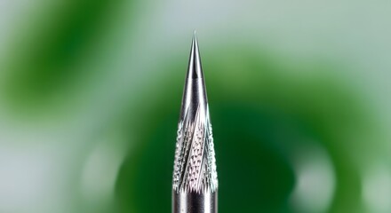 Intricate Detail of a Precision Needle Tip Against a Soft Green Blurred Background. The Metallic Surface Gleams Under Close Inspection.