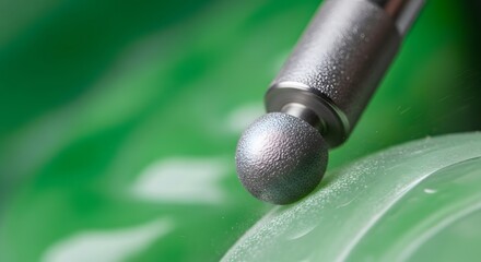 Close-up view of a diamond polishing tool meticulously shaping a vibrant green surface, creating a smooth, refined finish. Dust particles float in the air.