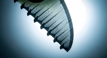 Closeup of a serrated saw blade, its teeth sharp and precise, against a soft blue backdrop. The metallic texture is strikingly detailed, showcasing the craftsmanship.