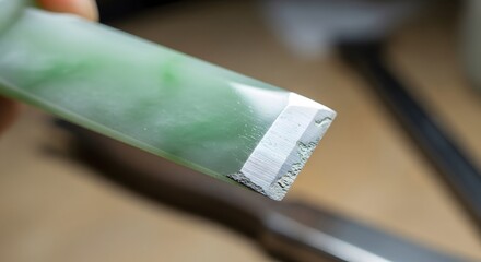 Closeup of a jade chisel, its pale green body contrasting sharply with the worn, metallic edge. A hint of craftsmanship, precision, and the artistry of stone carving.