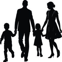family silhouette of parents and two kids walking together holding hands outdoors