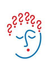 Ratlos: Icon Grafik bestehend aus Linien. Ein Gesicht mit Frageeichen als Haar.