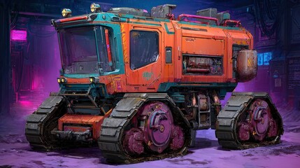 Futuristic, rusty tracked vehicle in a vibrant, neon-lit setting