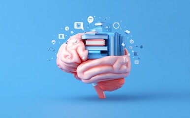 A stylized 3D brain model, light pink, contains stacked blue books & icons representing knowledge, learning, and information processing, set against a light blue background