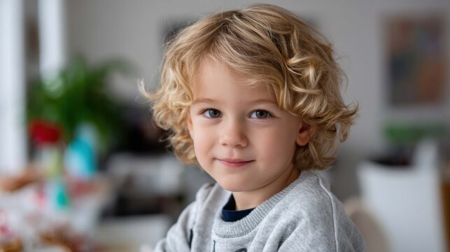 Young Boy with Curly Blonde Hair Sitting at Kitchen Table in Bright Home Environment
