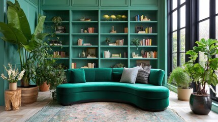 bohemian maximalist library, emerald curved sofa, teal shelves, vintage rug, plants, daylight splash, eclectic decor