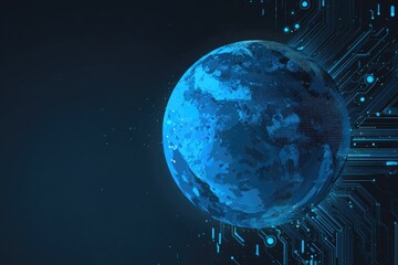 A stylized blue Earth globe, partially overlaid by glowing circuit board patterns, set against a dark blue background