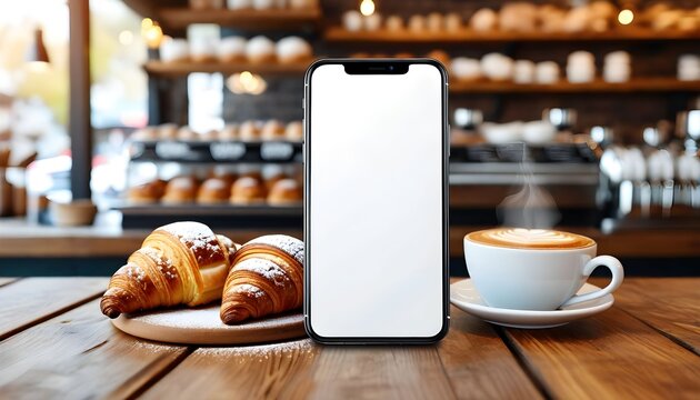 A smartphone with a blank screen sits on a wooden table beside pastries and coffee. - Powered by Adobe