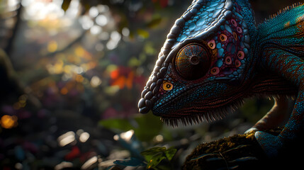 Fototapeta premium Close Up Of Vibrant Chameleon In Lush Forest