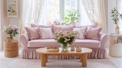 cottagecore living room full view, pastel pink sofa with ruffle cushions, lace curtains, wooden coffee table, garden flowers in vase, cozy daylight