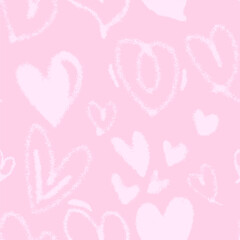 Vector seamless pattern. Pink color graphic repeated background. Wallpaper with outlined and fill heart shapes. Minimalistic modern backdrop with hand drawn romantic elements.