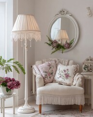 garden vintage corner scene, floor lamp with fringe lampshade, vintage armchair with embroidered pillows, oval mirror in white frame, floral accents