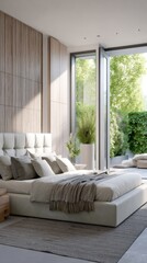 modern bedroom full view, open closet concept, upholstered headboard, natural textures, large window open to garden, calm daylight