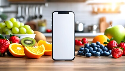 A smartphone with a blank screen surrounded by fresh, colorful fruits on a kitchen counter.