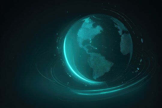 A teal, glowing digital Earth rotates, encircled by luminous rings against a dark backdrop, suggesting global connectivity and technological advancement - Powered by Adobe
