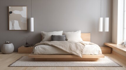 modern scandi bedroom full view, low wood platform bed, beige linen bedding, warm gray wall, slim pendant lights, oak floor, calm morning light