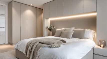 modern scandi bedroom, built in wardrobe niche, soft LED strip, taupe accent wall, cotton throw blanket, calm evening mood