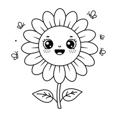 Cute sunflower line art flat vector illustration on white background