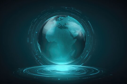 A teal-hued digital globe hovers above a glowing circular platform, encircled by a futuristic, technological ring - Powered by Adobe