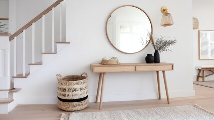 modern scandi entryway, ash wood console table, round mirror, woven basket, neutral rug, white walls, warm sconce light