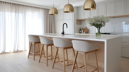 modern scandi kitchen island view, pale oak bar stools, slim white island, matte fixtures, pendant trio, daylight through sheer curtains