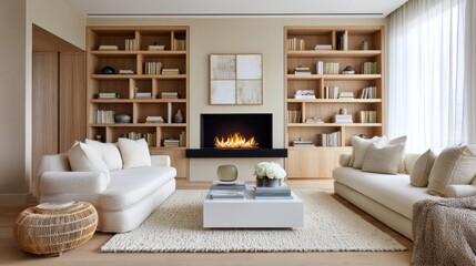 modern scandi living room, built in bio fireplace, floor to ceiling oak bookshelves, cream sofa, textured wool rug, cozy warm light