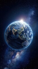 Obraz premium Earthrise over a vibrant Milky Way galaxy, showcasing city lights and sunlit continents against a dark cosmic backdrop