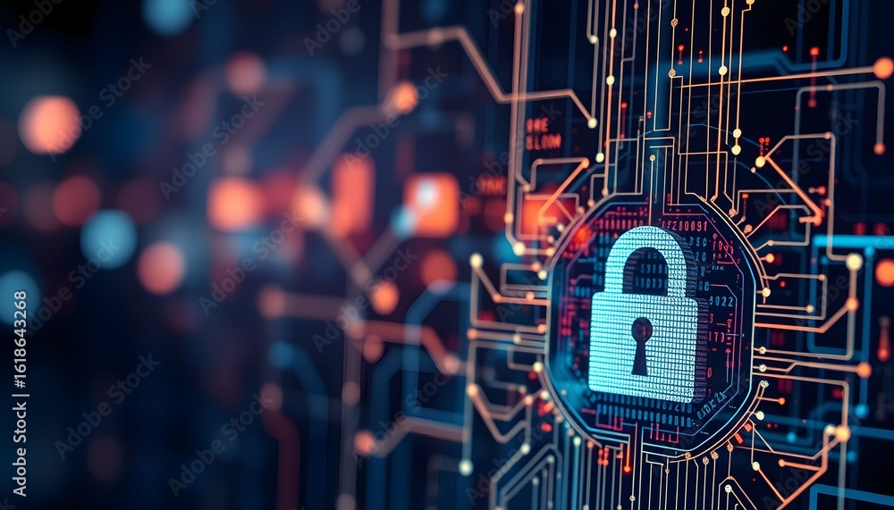 Poster a digital lock graphic, surrounded by complex circuit board patterns, symbolizes cybersecurity.