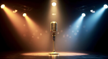 Retro microphone on an empty stage, illuminated by contrasting warm and cool spotlights, perfect for music and entertainment themes.